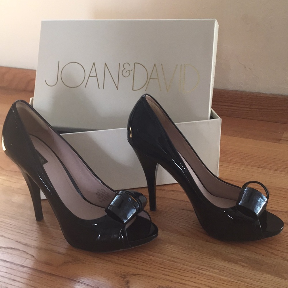 Joan & David black patent leather open toe heels